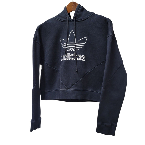 Adidas Embroidered Logo Women's Cropped Top Hoodie Long-Sleeves Sweatshirt Large - Picture 3 of 6